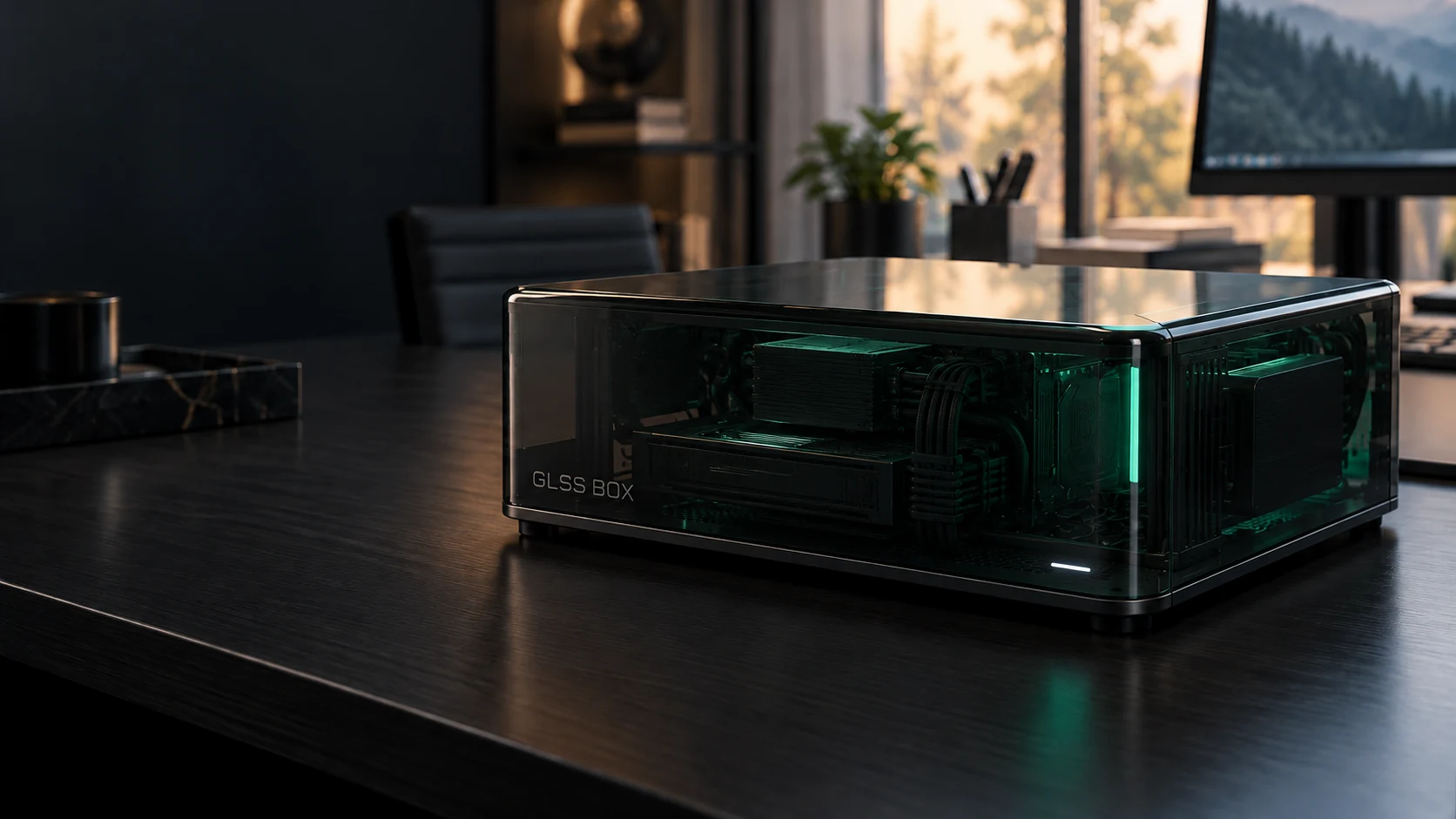 GLSS BOX in a sleek smoked-glass enclosure with a subtle mint light, on an office desk